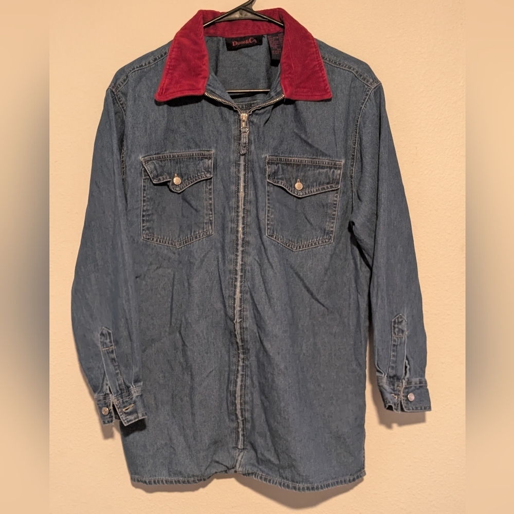 Denim&Co Blue Denim Jacket with Red Collar